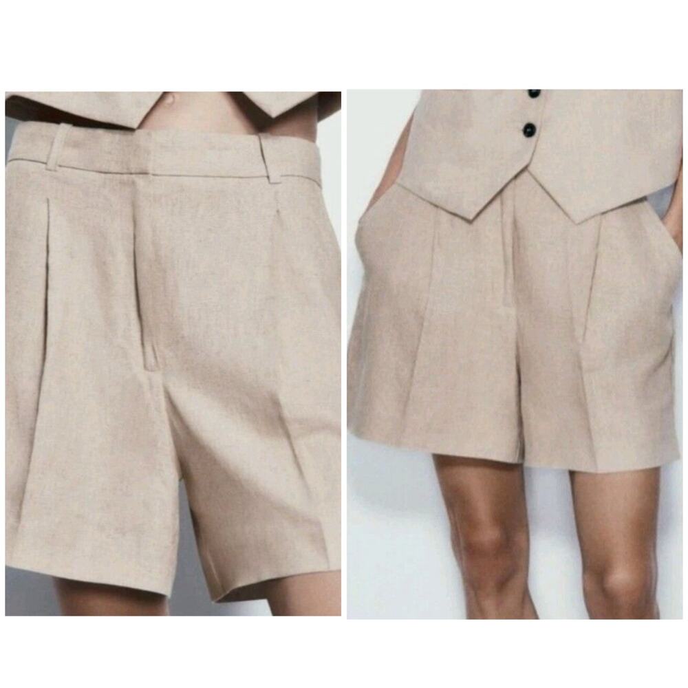 Zara High Rise Linen Blend Shorts Tan Beige Size XS Preppy Career Minimalist